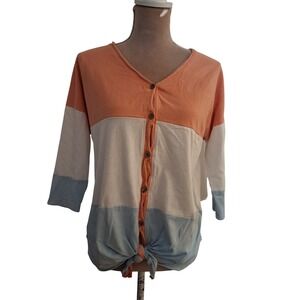 Main Strip Womens Orange Blue Colorblock Button Front Tie Hem Top Medium LT31147